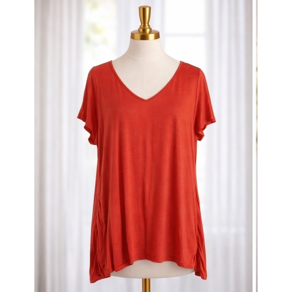 Vince Essentials Tee Top‎ Modal Knit Size Large Coral Orange V-Neck